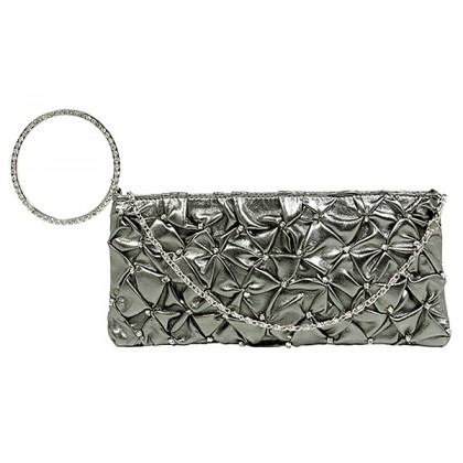 Evening Bag - 12 PCS - Ruffled Crystal Clutch w/ Rhinestone Bracelet Wristlet - Pewter - BG-HE1018PT